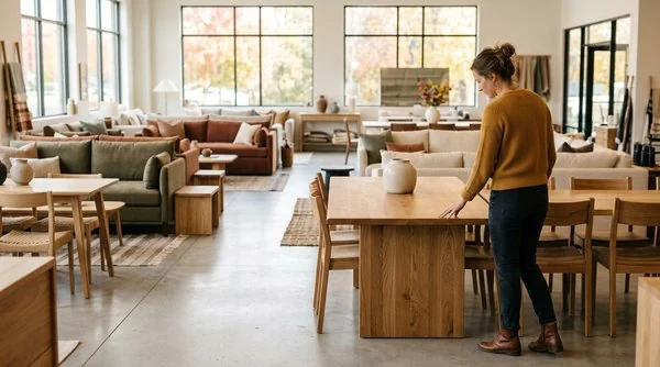 Woman browsing used furniture for sale in Indianapolis showroom featuring natural wood tables and earthy-toned sofas in fall lighting.
